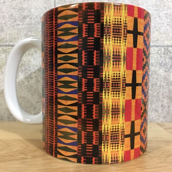 Kente Mug, African print mug, ethnic drink ware, afrocentric mugs, striped or boxed design, African homeware, house warming gift