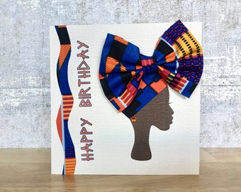 Blue kente fabric headwrap card,  african woman in headwrap bow card, ethnic card, African fabric greeting cards, ankara headwrap card