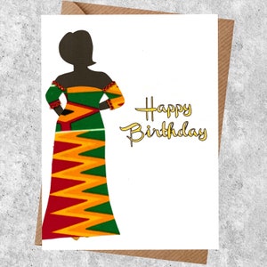 Black woman personalised birthday card, milestone ages, full or slim figure, choice of 25 orange multi kente dress and 7 hairstyles, image 6