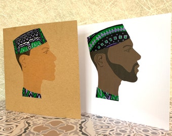 Black man birthday card, boyfriend, husband, brother, friend, Father's Day, skin shade choice, purple green dashiki, can be personalised