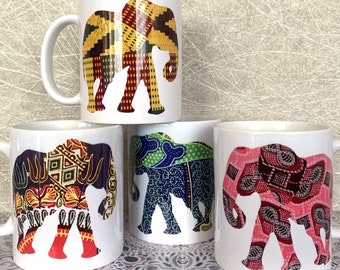 Set of four elephant mugs in colourful African kente and dashiki prints, optional matching coasters, housewarming, birthday, christmas gift