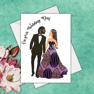 Customisable wedding cards for black and interracial couples, NOT WHITE wedding dress, 2 dress styles, 39 skin shade combos image 1