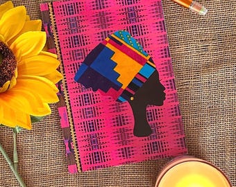 Pink Headwrap woman soft cover notebook, 48 LINED pages, head wrap made with African fabric, handy handbag sized notepad, purse notebook