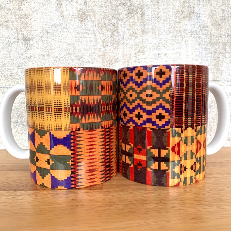 Kente Mug, African print mug, ethnic drink ware, afrocentric mugs, striped or boxed design, African homeware, house warming gift image 4