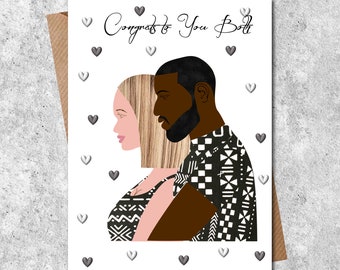 Interracial couple card, black man, white woman, anniversary, congrats, engagement, Personalised greeting, 10 skin shades, 6 fabric choices