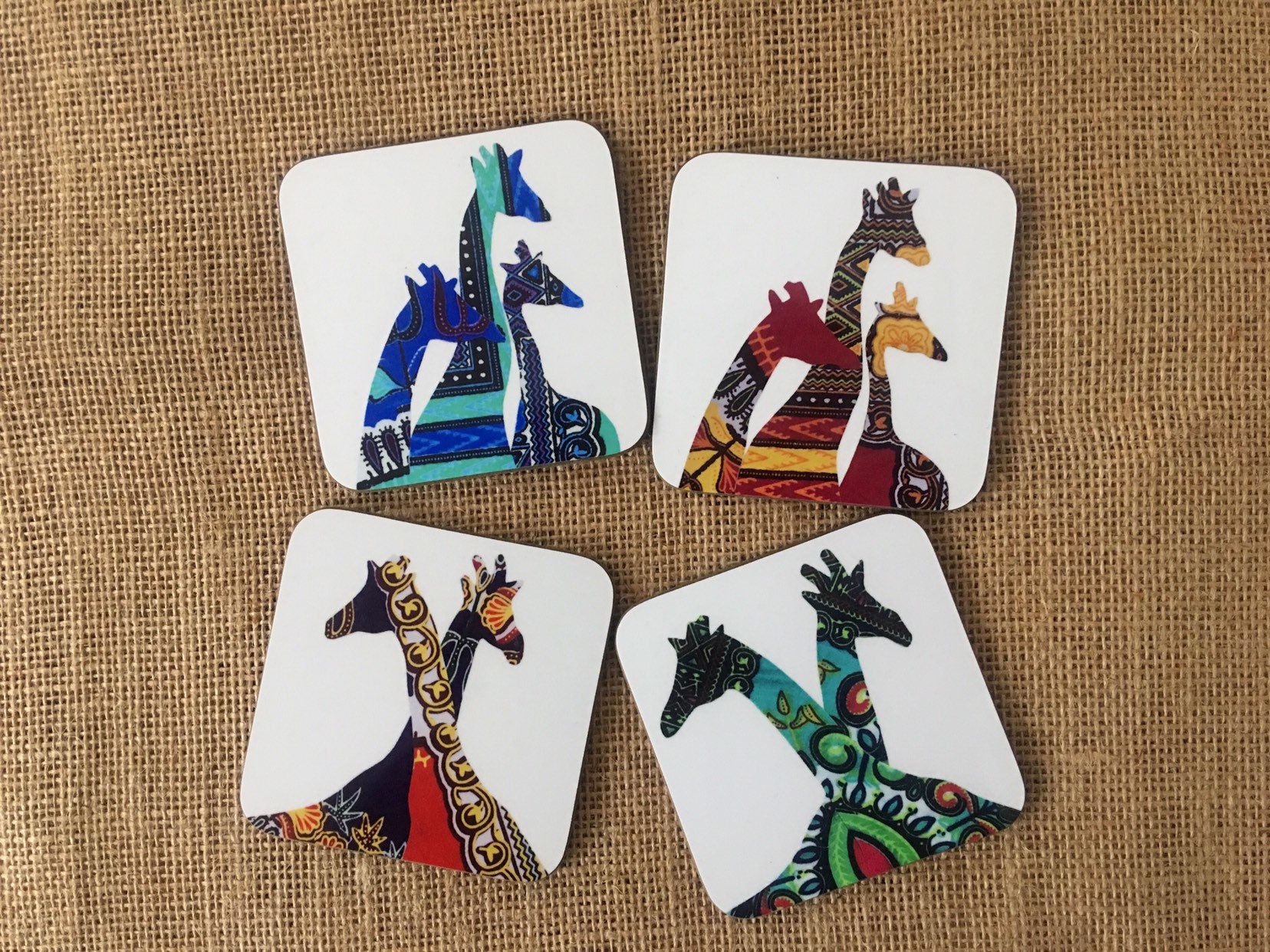 Paquet de Quatre Sous-Verres Girafe, 4 Africains, Ensemble Sous-Verres, Assortis, Cadeau Pour Elle, 