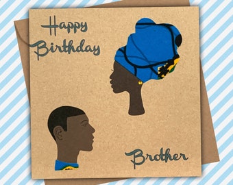 Blue gold brother, Sister, friend, family card, relatives birthday, thank you card, made with African fabric