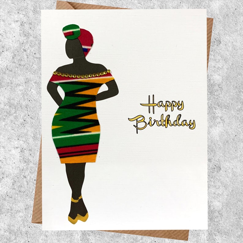 Black woman personalised birthday card, milestone ages, full or slim figure, choice of 25 orange multi kente dress and 7 hairstyles, image 7