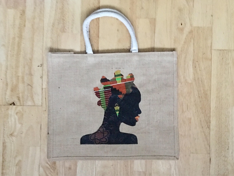 Jute shopping bag hessian shopper jute carrier bag handy shopper African bantu knots shopping bag African print tote bag