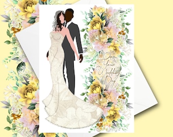 Interracial couple floral handmade wedding card, black man white woman, 12 skin tone/hair combos, choose flower colour, fabric wedding dress