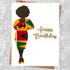 Black woman personalised birthday card, milestone ages, full or slim figure, choice of 25 orange multi kente dress and 7 hairstyles, image 4