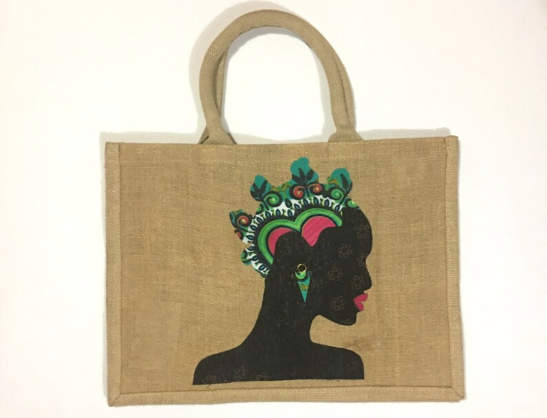Jute shopping bag hessian shopper jute carrier bag handy shopper African bantu knots shopping bag African print tote bag
