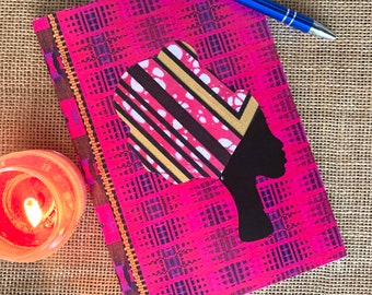 Pink Headwrap woman notebook, LINED pages, head wrap made with African fabric, handy handbag sized notepad