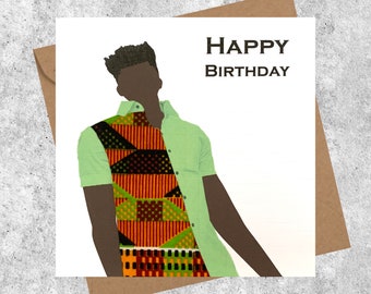 Black man personalised card, choose jacket, shirt, waistcoat in orange kente fabric, great for husband, partner, boyfriend, brother, son