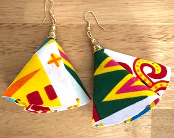 Fan earrings made with your choice of African fabric, long or short cone top, dangling earrings, choice of gold or silver finish.