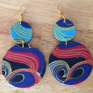 Double disc earrings, African fabric, ankara, kitenge, afrocentric jewellery, summer wooden earrings, large size boho hoop earrings