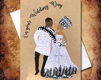 African couple wedding card, 9 skin shade choices, hourglass or a-line dress, traditional marriage card, African dashiki fabric cards