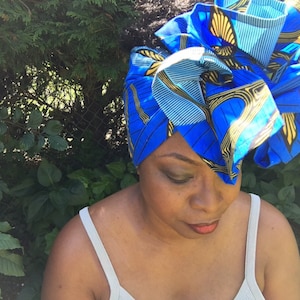 Royal blue and orange head wrap, optionally lined, African fabric head scarf, headwrap, head tie, ankara headwraps