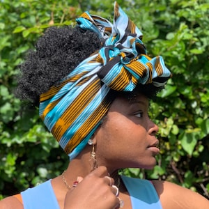 Turquoise and golden yellow headwrap, satin lined option, two sizes, head scarf, African fabric head wrap