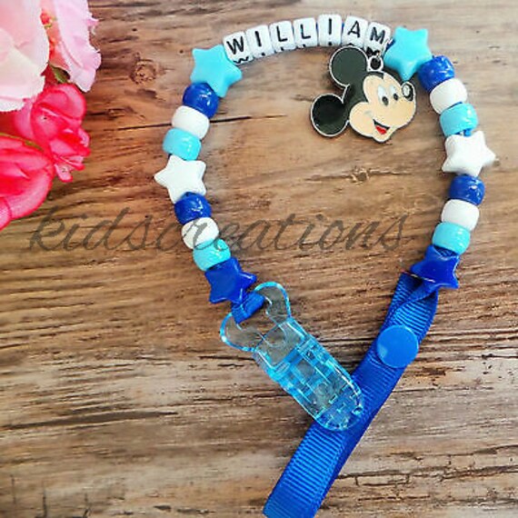 Personalised Stunning baby blue Dummy Clip dummy chain any name reborn doll 