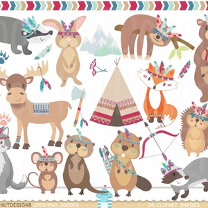 Tribal Woodland Animals Clipart-Forest Animals Clip Art-Racoon-Beaver-Moose-Badger-Otter-Fox-Sloth-Bear-Rabbit-Mouse-Teepee image 1