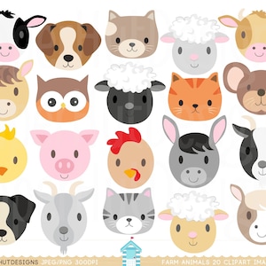 Bauernhof Tier Gesichter Clipart-Farm Tiere Clip Art -Kinderzimmer Clip Art-Schaf-Kuh-Schwein-Pferd-Hund-Katze-Ziege-Pferd-Eule-Huhn