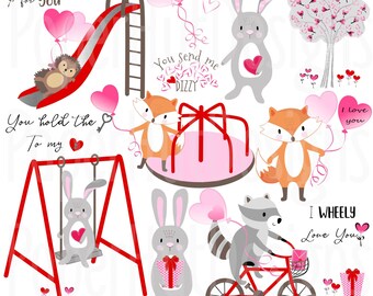 Valentine Clipart-Woodland Animal Clipart- Cute Valentine Clip Art. Rabbit-Fox-Raccoon-Hedgehog-Heart Balloons-Cards