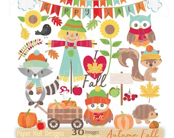 Autumn Woodland Clipart-Fall Clipart-Autumn Clip Art-Woodland Animals Clipart-Racoon-Scarecrow-Squirrel-Owl-Pumpkin-Leaves