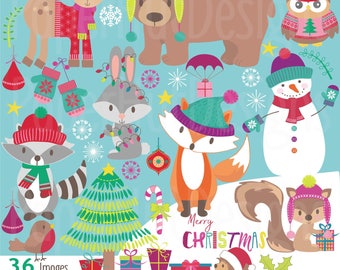 Christmas Woodland Clipart-Woodland Animals Clipart-Christmas Clip Art-Christmas Fox-Snowman-Racoon-Bear-Owl-Deer-Squirrel