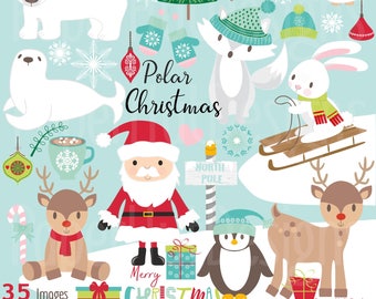 Christmas Clipart-Polar Animals Clipart-Christmas Holiday Clip Art-Arctic Animals-Christmas Santa -Fox-Bear-Owl-Deer-Rabbit