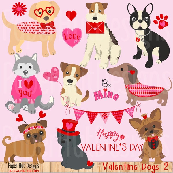 Clipart de perros de San Valentín 2-Clipart de San Valentín-Clipart de perros-Clipart de cachorros-Daschund-Yorkshire Terrier-Labrador-Pug-Bulldog francés