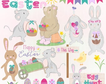 Easter Clipart-Easter Clip Art-Easter Egg Hunt-Bunny Clipart-Bunny Rabbit-Easter Eggs-Chick-Mice-Bear-Bunting-Daffodils