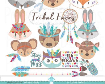 Tribal Animal Faces Clipart: Woodland Nursery Art (PNG & JPEG)