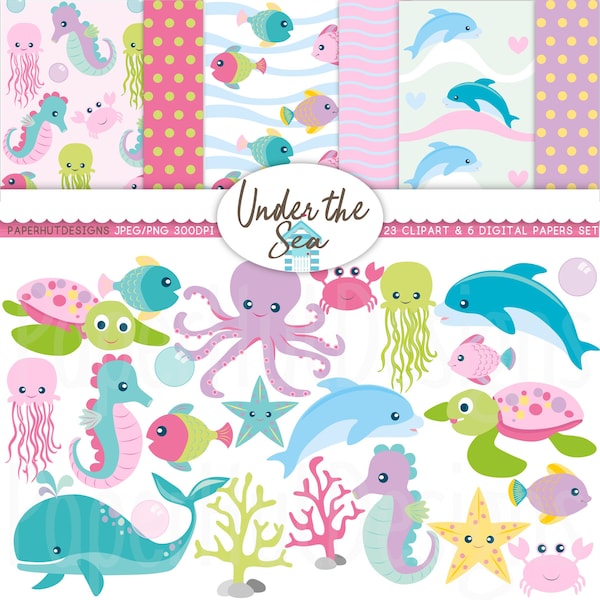 Mädchen unter dem Meer Clipart und Papiere-Mädchen Meer Tier Clipart und digitales Papier Set|Meerestiere Clip Art| Kinderzimmer|Delfin|Schildkröte|Qualle