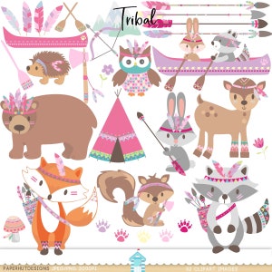 Clipart animaux tribaux pour filles-animaux de la forêt Camping Clip Art-filles roses tribal animaux de la forêt-renard-ours-raton laveur-cerf-canoë