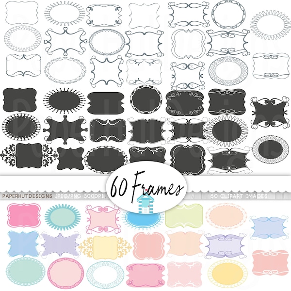 60 Digital Label Frames Clipart. 60 Frames Clip Art in pastel, charcoal and white-Scrapbooking, Stickers & InvitationsBUY2GET1MOREFREE