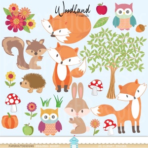 Clipart animaux des bois-hiver des bois animaux-arbre des cliparts-renard-lapin-écureuil et hibou Clipart-usage personnel ou commercial