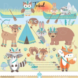Clipart animaux tribaux-animaux des bois camping-tribal forêt animaux-renard-ours-lapin-raton laveur-hibou-cerf-canoë-flèches-plumes