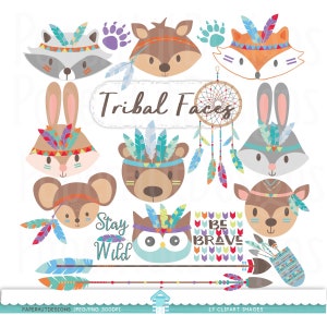 Tribal Animal Faces Clipart-Woodland Animals Clipart-Tribal Clipart-Cute Animals- Nursery Animals-Forest Animals Clip Art