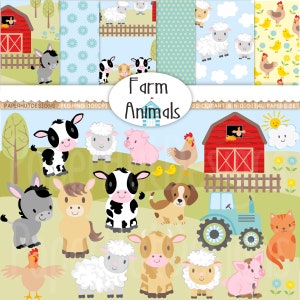 Clipart-animaux de la ferme clipart et papier numérique ensemble-crèche clipart-mouton-vache-cochon-cheval-chien-chat-tracteur-grange