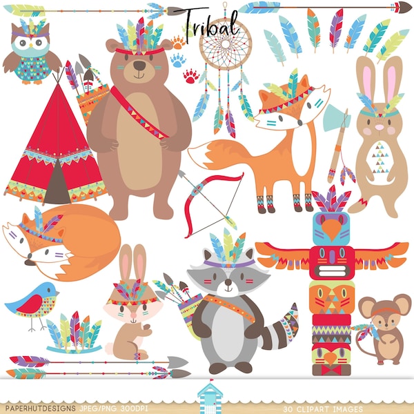 Tribal Woodland Animals Clipart-Tribal Clip Art -Tribal Forest Animal-Totem Pole-Teepee-DreamCatcher-Fox-Bear-Rabbit-Racoon