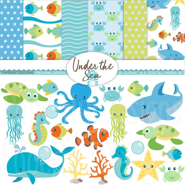 Under the Sea Clipart and Papers-Sea Animal Clipart and Digital Paper Set-Sea Animals Clip Art-Nursery-Shark-Turtle-Jelly Fish-Seahorse