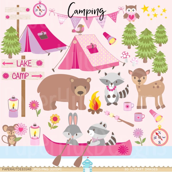 Girls Camping Clipart- Girls Pink Camp Clip Art-Forest Animals-Bear-Rabbit-Racoon-Robin-Owl-Deer-Tent-Canoe-Commercial Use