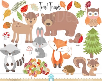 Forest Animals Clipart- Woodland Animals Clip Art-Woodland Clipart-Deer-Fox-Bear-Rabbit-Squirrel-Racoon-Robin-Owl-Leaves