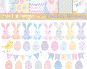 Easter Bunny Clipart-Easter Bunny and Easter Eggs Clip Art and Digital Papers-Rabbits-Easter Eggs-Chick-Bunting