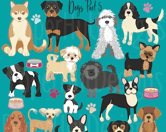 May include: A set of 22 digital illustrations of various dog breeds. The dogs are depicted in a cartoon style and are set against a turquoise background. The illustrations include a Rottweiler, a Cocker Spaniel, a Yorkshire Terrier, a Boston Terrier, a Chihuahua, a Corgi, a Beagle, a Shih Tzu, a French Bulldog, a Pug, a Dachshund, a Husky, a Chinese Crested, and a Poodle.