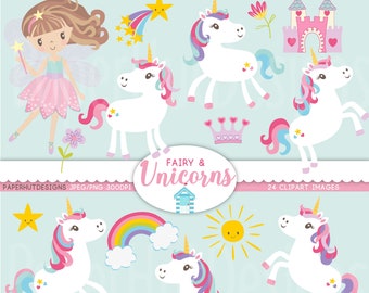 Fairy and Unicorn Clipart Set: Rainbow Castle Graphics (PNG & JPEG)