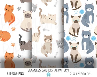 Cats 3 Pack Seamless Pattern, Digital Instant Download JPEG and PNG