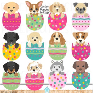 Könnte beinhalten: Ein Set mit 12 digitalen Illustrationen verschiedener Hunderassen, die aus bunten Ostereiern schauen. Die Eier sind mit Punkten, Streifen und Zickzackmustern verziert. Der Text "Easter Puppies in Eggs" befindet sich oben im Bild.