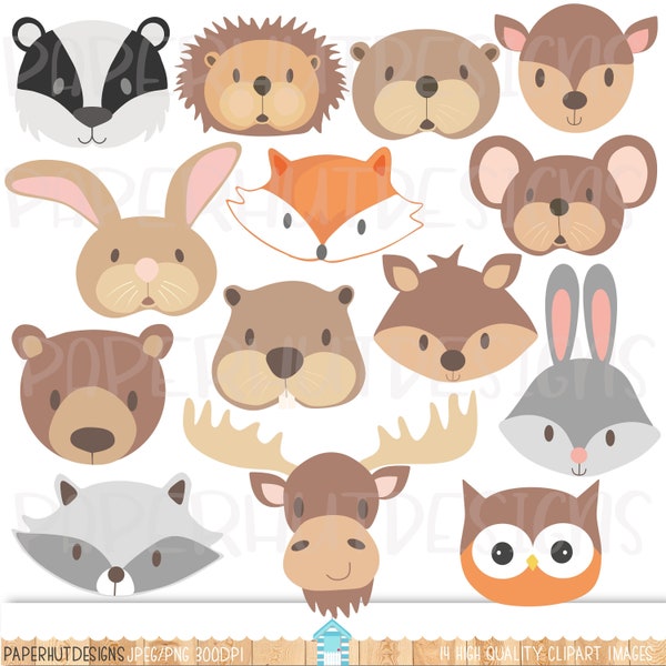 Woodland Animal Faces Clipart-Forest Animal Faces Clip Art- Animal Faces-Moose-Badger-Beaver-Racoon-Otter-Squirrel-Deer-Owl